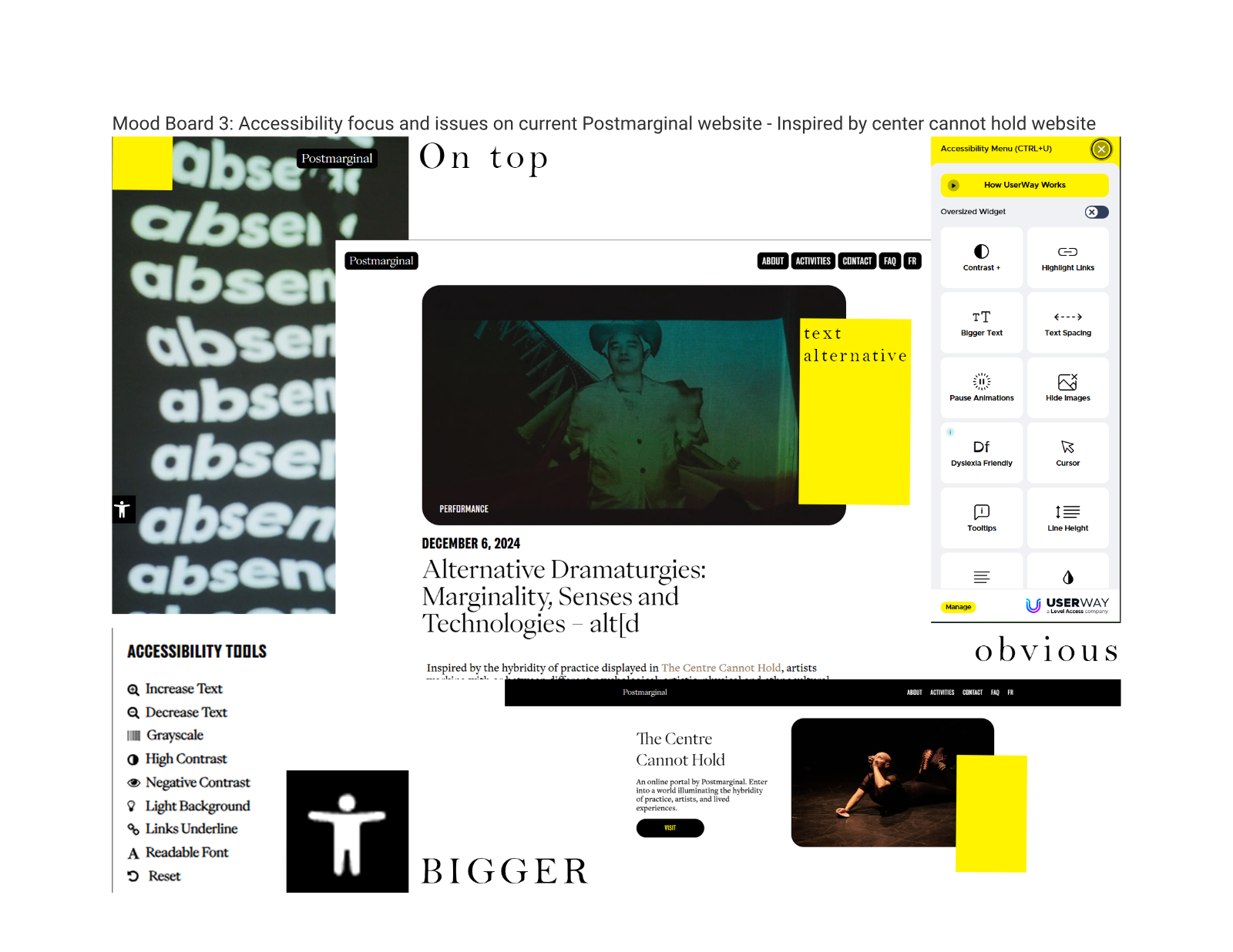 Moodboard showing accessibility menu references, larger widget controls, text alternatives, yellow highlights, and Postmarginal interface examples.